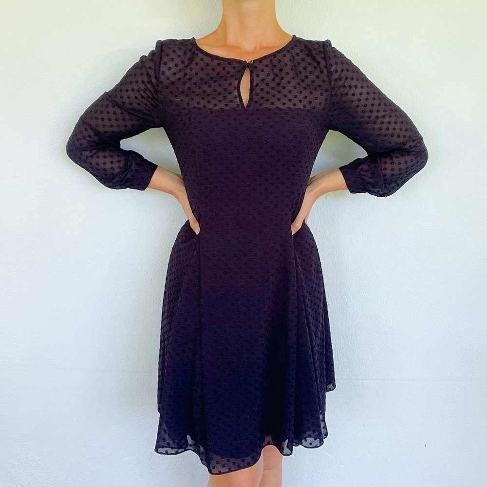 J. Crew navy blue sheer textured dot long sleeve keyhole neckline dress size 6